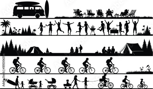 Outdoor family camping, cycling, surfing and picnic activities in nature, summer adventure lifestyle silhouettes collection for travel, recreation and holiday design