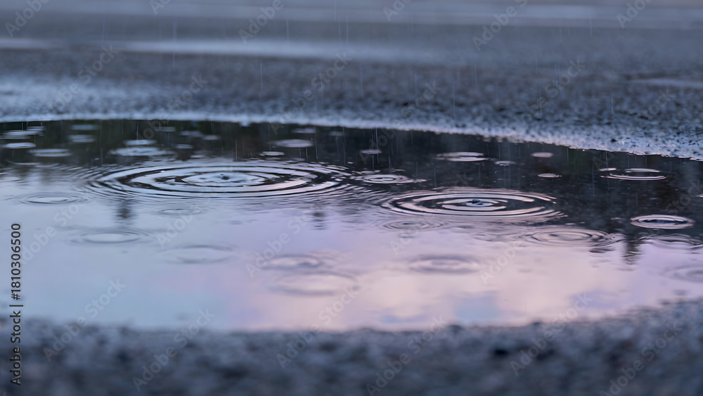 Fototapeta premium Raindrops on a Puddle at Dusk