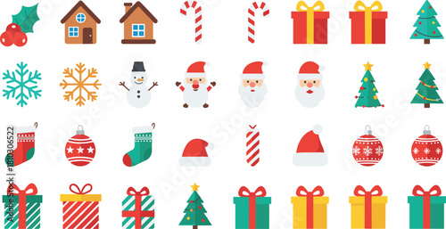 Christmas holiday icon set with gifts, Santa, snowflakes, Christmas trees, stockings, ornaments, candy canes, festive winter celebration elements, decoration