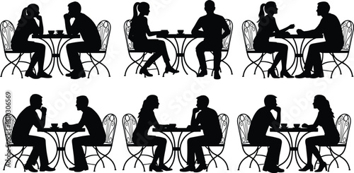 Couple and friends sitting at café table silhouette, chatting, drinking coffee, social interaction illustration perfect for lifestyle design, relationship and communication projects