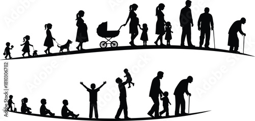 life, stages, growth, aging, family, child, adult, senior, evolution, timeline, parenthood, development, silhouette, generation, concept