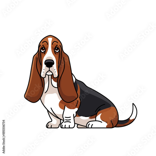 A cartoon illustration of a Basset Hound dog with long ears and sad eyes.