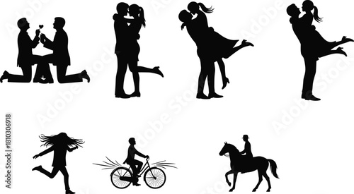Romantic couple silhouette collection with proposal, hugging, lifting poses, running woman, bicycle rider, horse rider, perfect for creative vector design projects
