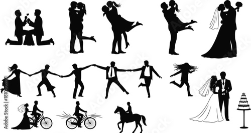 Romantic couple silhouette collection featuring wedding scenes, love poses, dancing, cycling, proposal moments, celebrating relationships, perfect for creative design and illustration projects