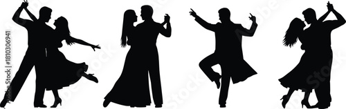 Romantic dancing couple silhouette collection with elegant ballroom poses, tango movements, expressive dance figures, perfect for creative illustration and artistic design projects
