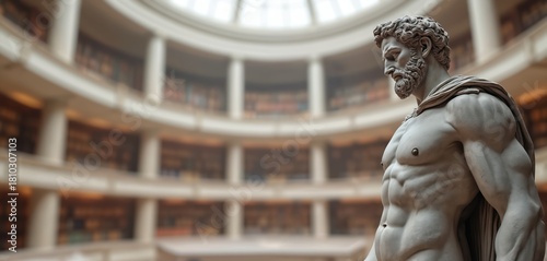 Classical marble statue of bearded Greek hero stands in grand library backdrop. Sunlight streams through dome illuminating wisdom, knowledge. Image evokes ancient philosophy, intellectual heritage,