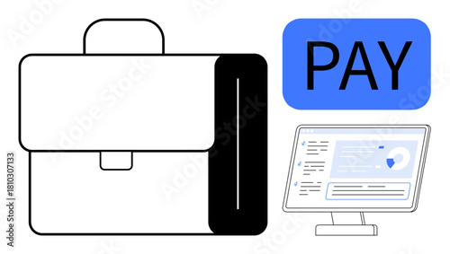 Briefcase, bold PAY text, computer screen displaying data. Ideal for finance, salary, online payment, payroll, business management e-commerce concepts. Simple flat metaphor