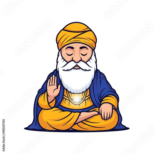Cartoon illustration of Guru Nanak Dev Ji meditating, depicted with a yellow turban, white beard, and blue robe, in a peaceful, spiritual pose.