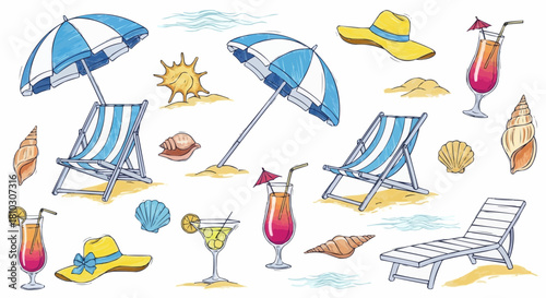 Illustration of beach scene with chairs umbrellas cocktails and seashells for summer vacation fun 100