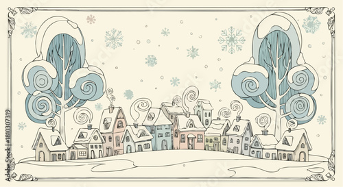 Illustration of a winter village scene with snow covered houses and trees in a decorative frame