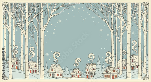 Winter scene with snow falling on houses framed by birch trees and smoke from chimneys creating a cozy feel