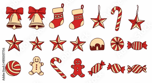 Illustration of christmas themed items including bells stockings stars and candies in red and beige