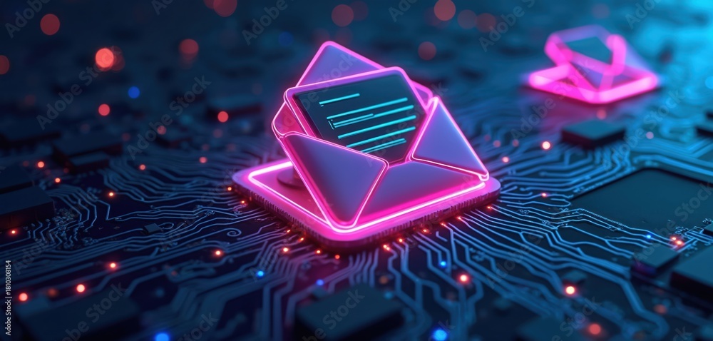 Fototapeta premium Open email icon with glowing neon lines displays digital message on tech circuit board. Concept shows online communication, information transfer, data flow. Electronic mail, newsletter marketing,