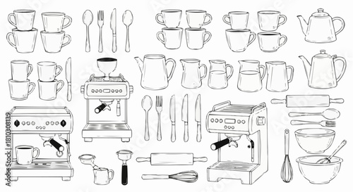 Illustration of kitchenware including coffee machines, cups, teapots, and various utensils drawn in line art