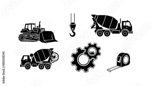 Construction Equipment and Tools - A Black and White Vector Illustration.