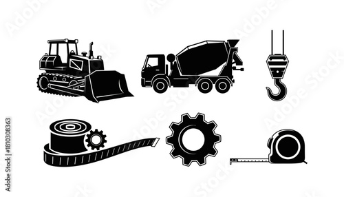 Construction Equipment and Tools - A Silhouette Vector Illustration.