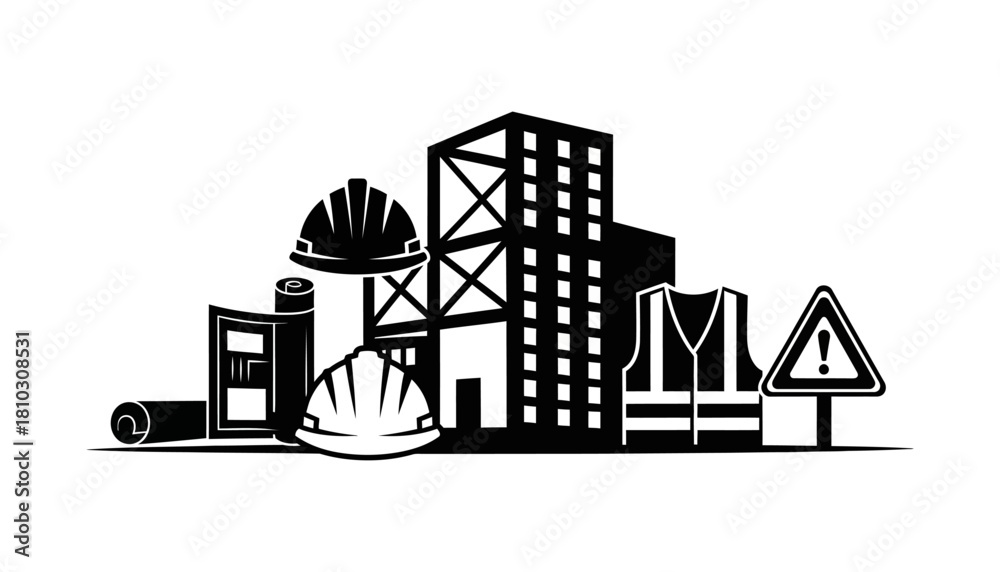 Obraz premium Construction Site Safety and Building Development Illustration with Hard Hats and Safety Vest.