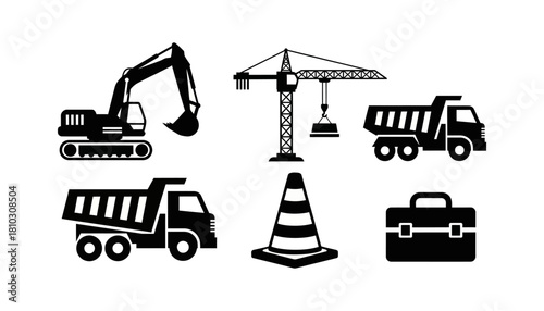 Construction Site Icons - Excavator, Crane, Dump Trucks, Cone, and Toolbox.