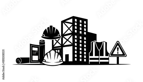 Construction Site Safety and Building Development Illustration with Hard Hats and Safety Vest.