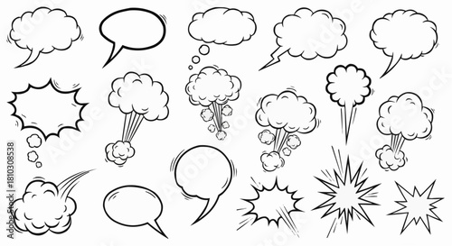 Illustration of assorted cartoon speech bubbles and comic book style explosion clouds in black and white style