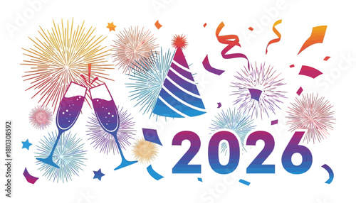 Festive 2026 New Year Celebration with Champagne and Fireworks.