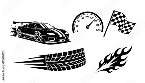 Racing Car Graphics - Speedometer, Checkered Flag, Tire Track, Flames.