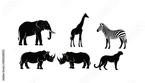 Silhouette of African Animals - Elephant, Giraffe, Zebra, Rhino, Leopard.