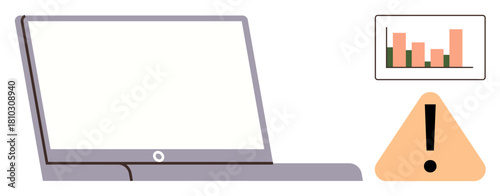 Open laptop beside a data bar chart and warning sign. Ideal for analytics, risk management, productivity, technology, planning, problem-solving, data analysis. Simple flat metaphor