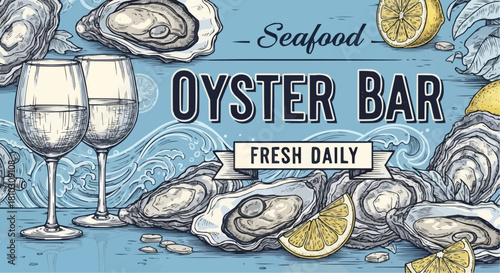 A seafood oyster bar illustration with oyster shells, lemon slices, and two glasses of white wine displayed