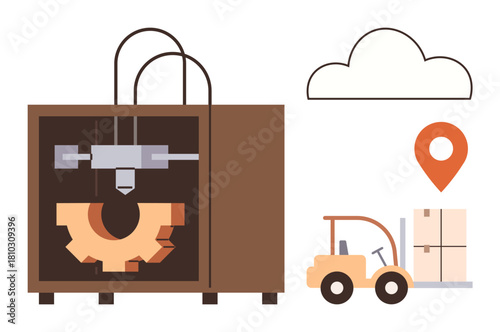 3D printer crafting a gear beside a forklift moving boxes. Includes location pin and cloud design. Ideal for manufacturing, logistics, technology, innovation, engineering, supply chain, industrial