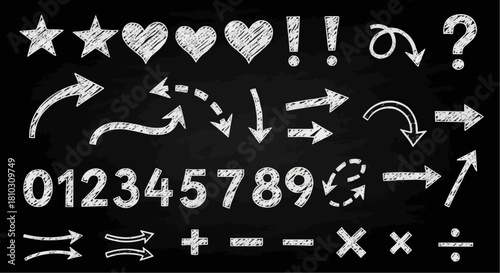 Chalkboard drawing of mathematical symbols, arrows, hearts and stars in white color isolated