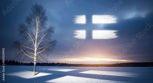 Finland Independence Day congratulations greeting card banner. Winter landscape with birch tree and glowing flag symbol in cloudy sky. National holiday promotion.