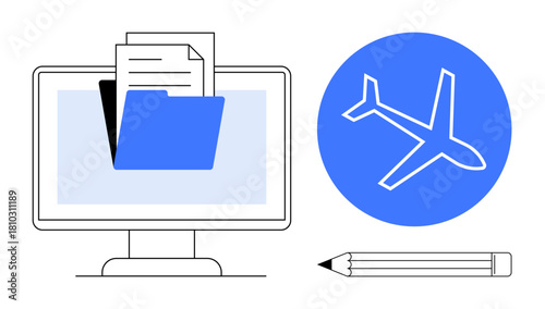 Computer screen with folder and documents, airplane in blue circle, and pencil. Ideal for work organization, digital storage, travel planning, remote work, education, creativity time management