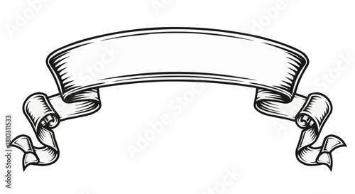 Illustration of a blank white banner with black outlines and curled ends for text or logo placement