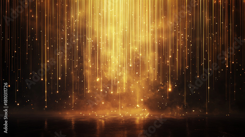 A stunning cascade of golden light streaks falls against a dark background, luxury celebration backdrop, abstract elegance.