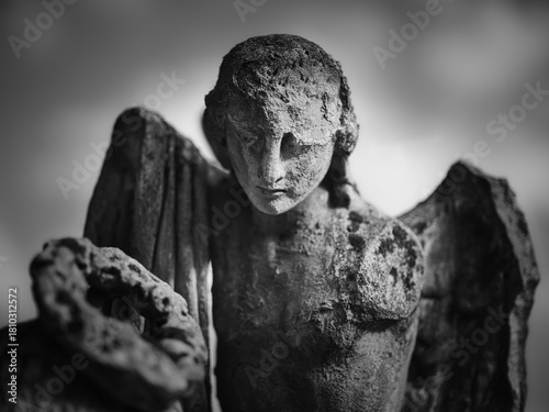 Photography Weathered stone angel statue at Goat Gate Cemetery in Bratislava, photographed in dramatic black and white