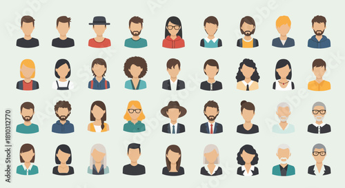 Diverse collection of stylized avatar faces representing different professions and demographics