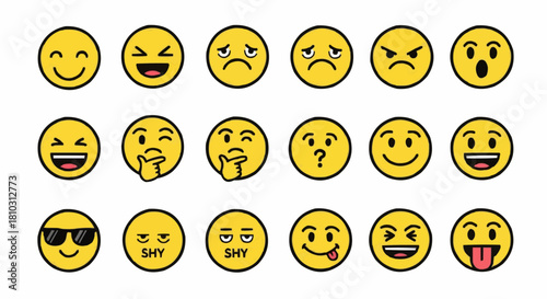 Collection of yellow emoji faces displaying a variety of different emotions and expressions here now
