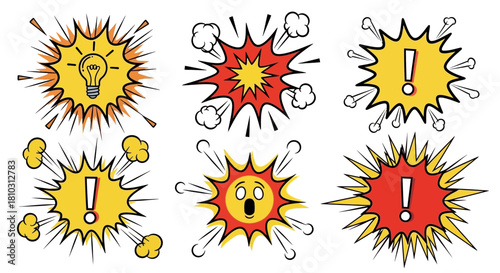 Collection of colorful cartoon comic style explosion elements for graphic design projects