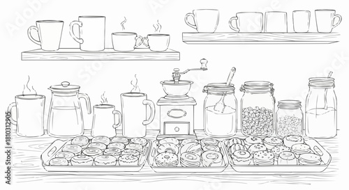 Illustration of coffee cups, jars, and pastries arranged on shelves and trays in a kitchen setting