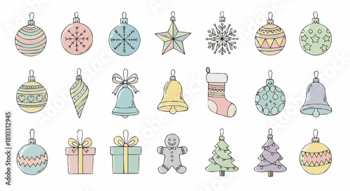 Collection of christmas ornaments including balls, stars, snowflakes, bells and other festive items