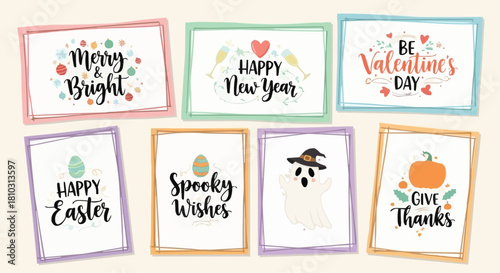 Collection of holiday themed cards with various greetings and seasonal illustrations displayed together nicely