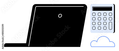 Laptop silhouette, calculator, and cloud outline highlight technology, finance, and data storage. Ideal for digital tools, remote work, fintech, education collaboration innovation simple flat