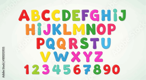 Colorful alphabet letters and numbers from a to z and zero to nine on a white background