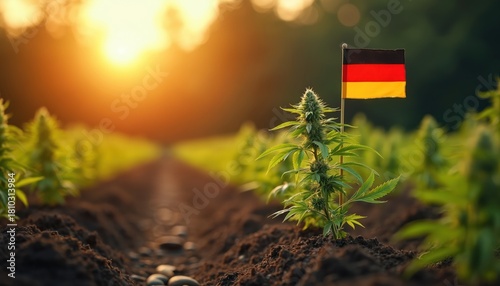 Cannabis plants grow in field under German flag at sunset. Legalization of marijuana in Germany, drug policy change, medical hemp cultivation. Green buds on stalks.
