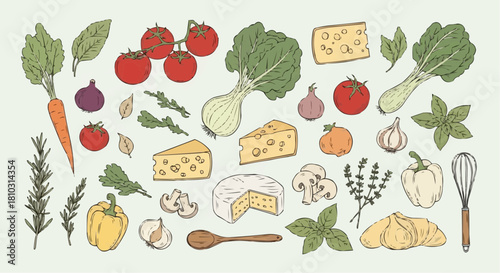 Illustration of assorted fresh vegetables cheese and cooking utensils arranged on a light background