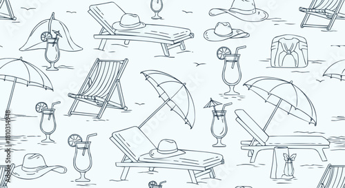 Seamless pattern featuring beach chairs, umbrellas, cocktails, and hats in a line art style design