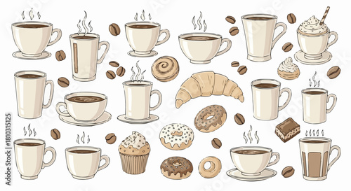 Illustration of various coffee cups and pastries including croissant, donut, muffin, and coffee beans