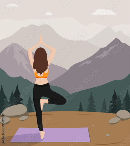 Outdoor Yoga Illustration – Woman in Tree Pose on Purple Mat with Mountain Landscape and Pine Trees