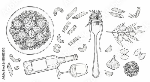 Illustration of spaghetti with meatballs, pasta shapes, wine, olives, and garlic, in black and white